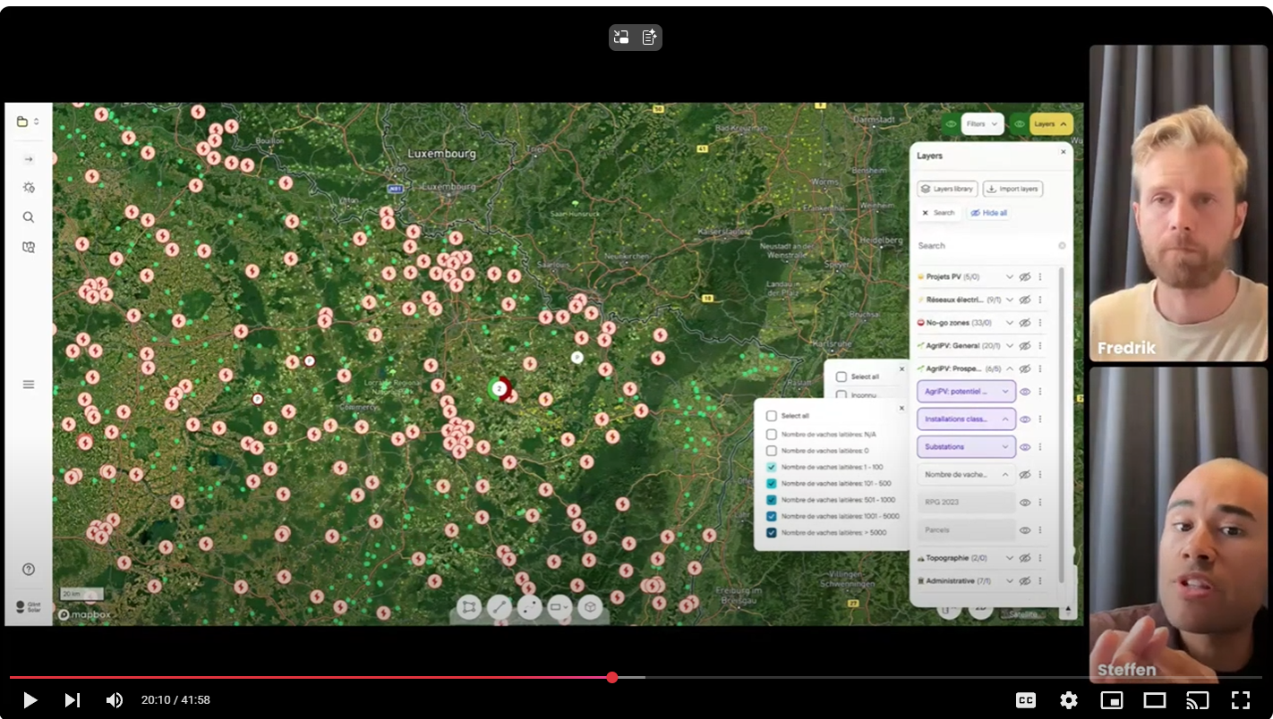 Screenshot of Glint Solar's on-demand AgriPV webinar discussing dual-use land strategies, financial benefits, and regional considerations for solar energy projects in Europe.