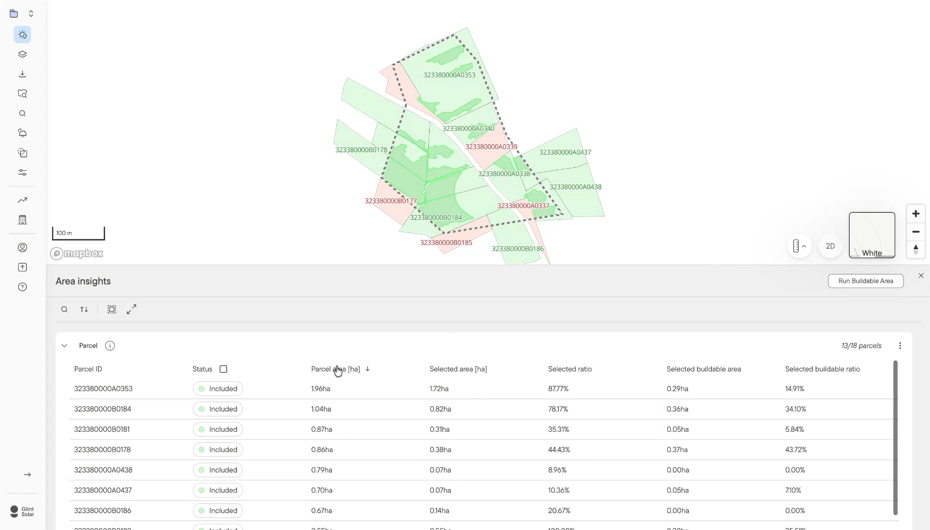Area Insights parcel table showing included and excluded parcels with selected buildable ratios