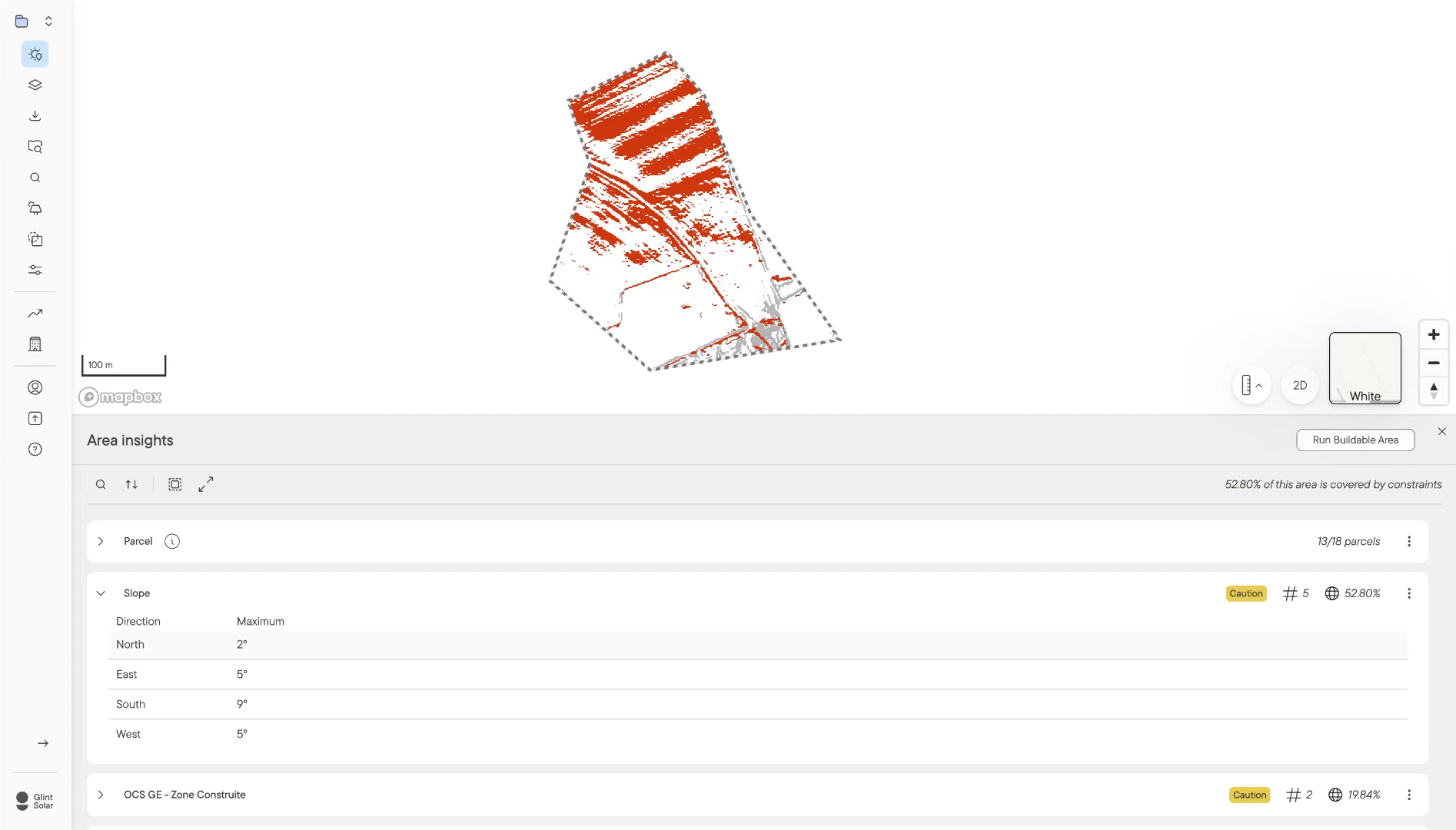 Area Insights report with caution status on slope and built-up land, and slope broken down by direction