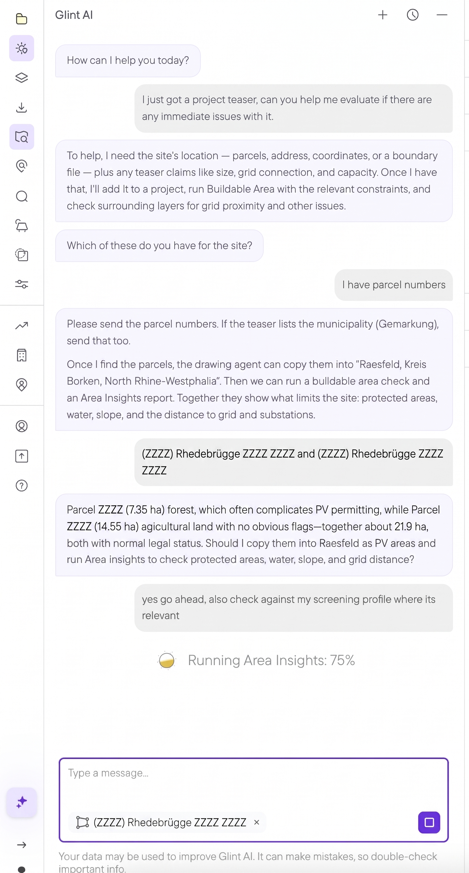 Glint AI chat checking a project teaser in North Rhine-Westphalia: it asks for the parcel numbers, describes one forest parcel and one agricultural parcel, and runs Area Insights