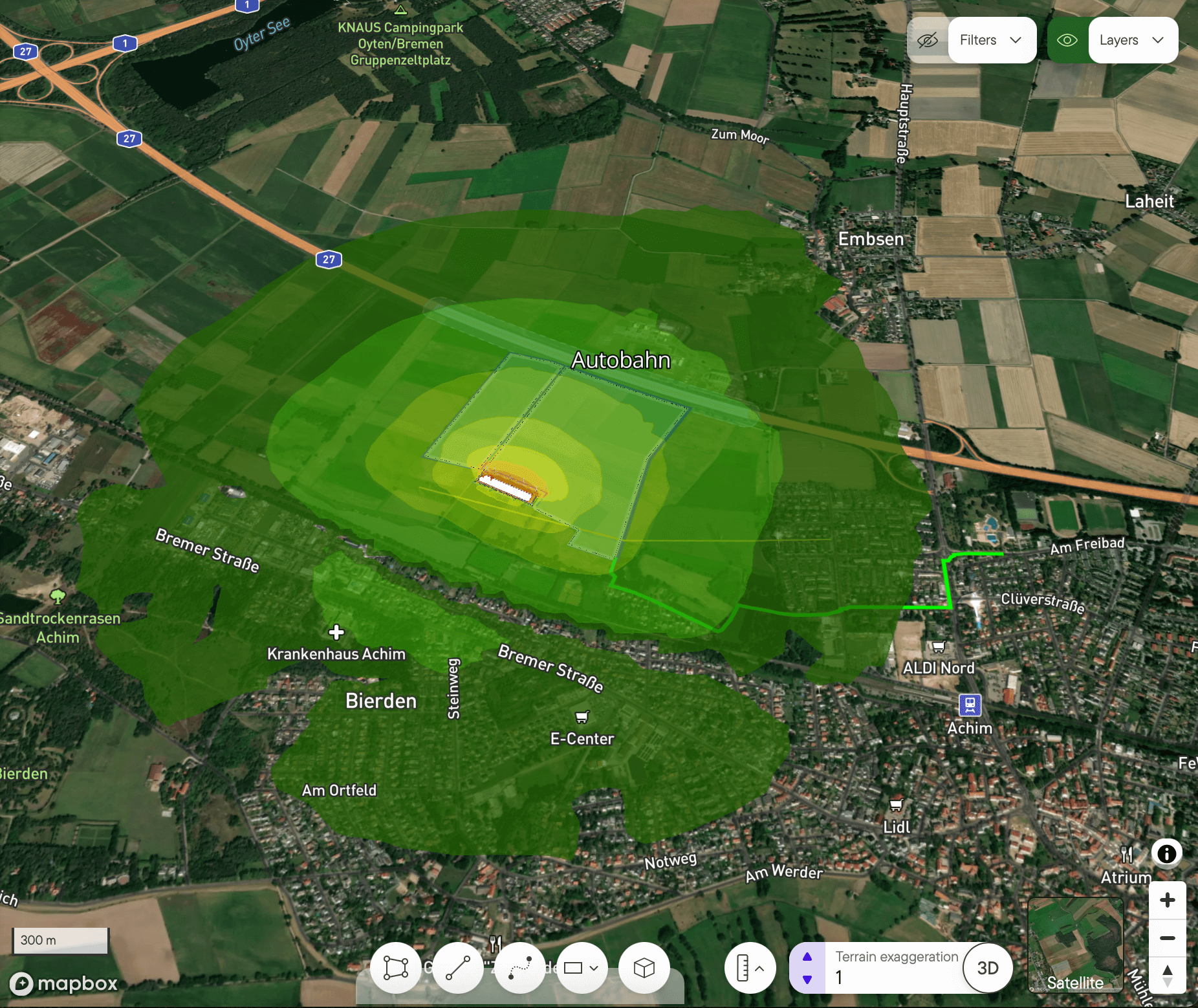 BESS noise contours showing how sound reaches a nearby town in Glint Solar