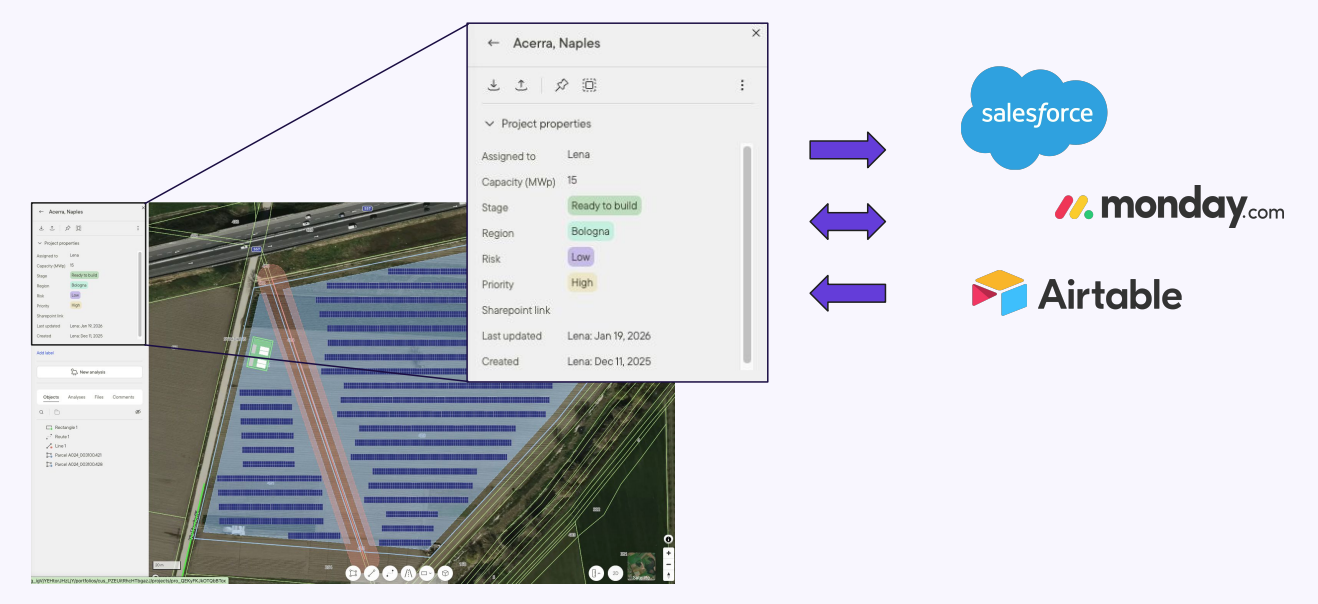 Project properties in Glint Solar syncing two ways with Salesforce, Monday.com, and Airtable