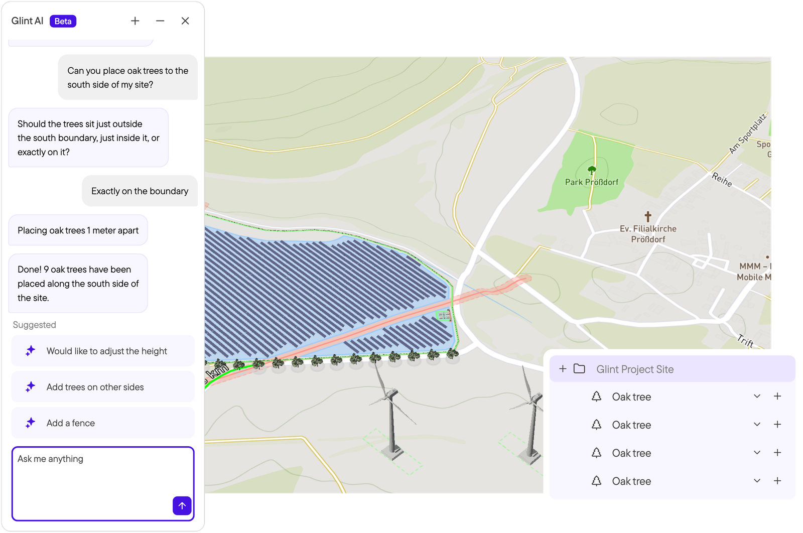 Glint AI chat beside a PV site, after asking whether oak trees should sit just outside, just inside or exactly on the boundary, with nine trees placed and suggested follow-ups to adjust the height, add trees on other sides or add a fence