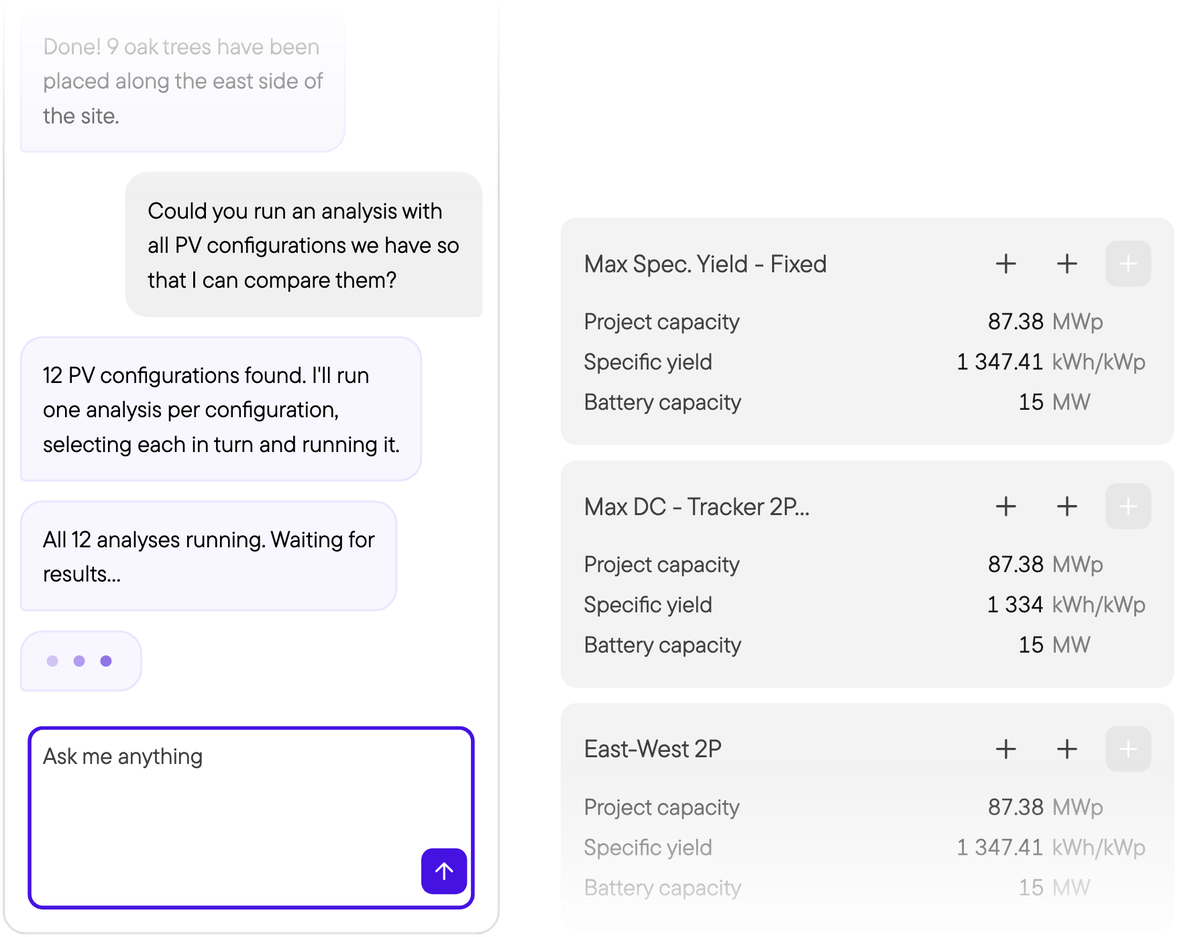 Glint AI running one analysis per saved PV configuration, next to result cards showing project capacity, specific yield and battery capacity for each run