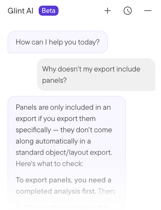 Glint AI answering a how-to question in the chat, explaining why an export doesn’t include panels and listing the steps to export them as DXF