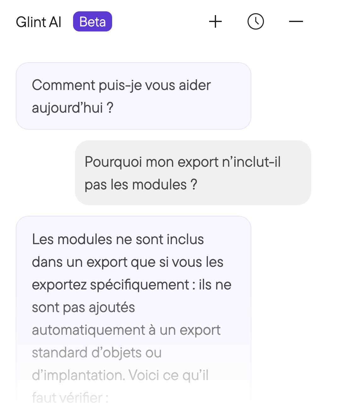 Glint AI explique étape par étape comment exporter des modules