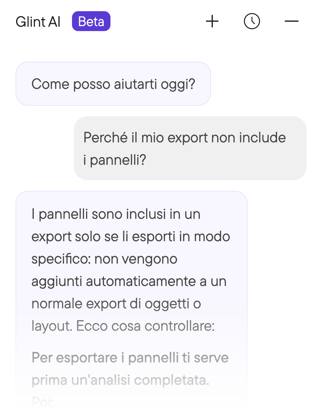 Glint AI spiega passo passo come esportare i pannelli