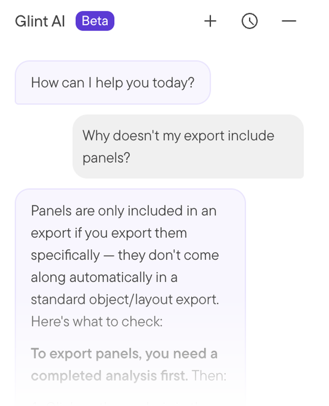 Glint AI explaining step by step how to export panels