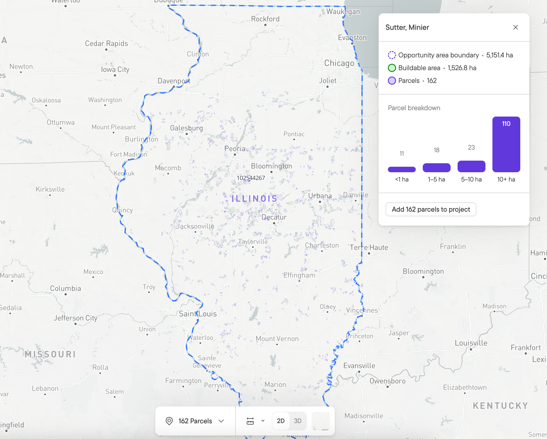 Land Screening results across a whole region, with opportunity areas and a panel showing 162 parcels and 1,526.8 ha of buildable area