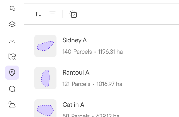 Land Screening results list of opportunity areas, each with its parcel count and buildable area