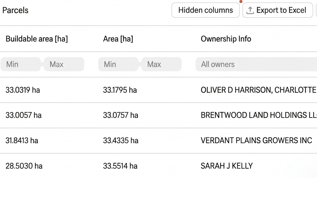 Land Screening parcel table showing buildable area, total area and ownership information, with export to Excel
