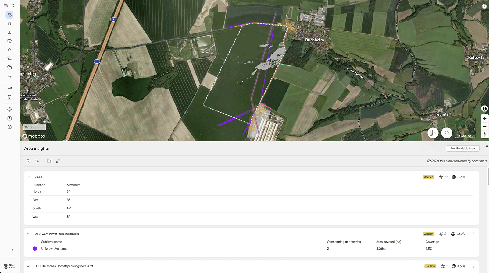 Area Insights on a shortlisted area, showing slope by direction and constraint layer coverage
