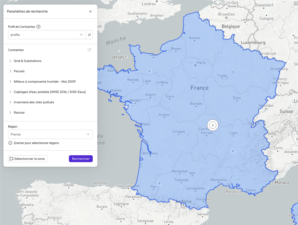 Search settings panel listing the constraints applied, including grid and substations, parcels, wetlands, drinking water catchments, polluted sites and Ramsar wetlands, with France selected as the region
