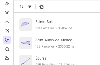 Results list of opportunity areas, each with its parcel count and buildable area, with sort and filter controls
