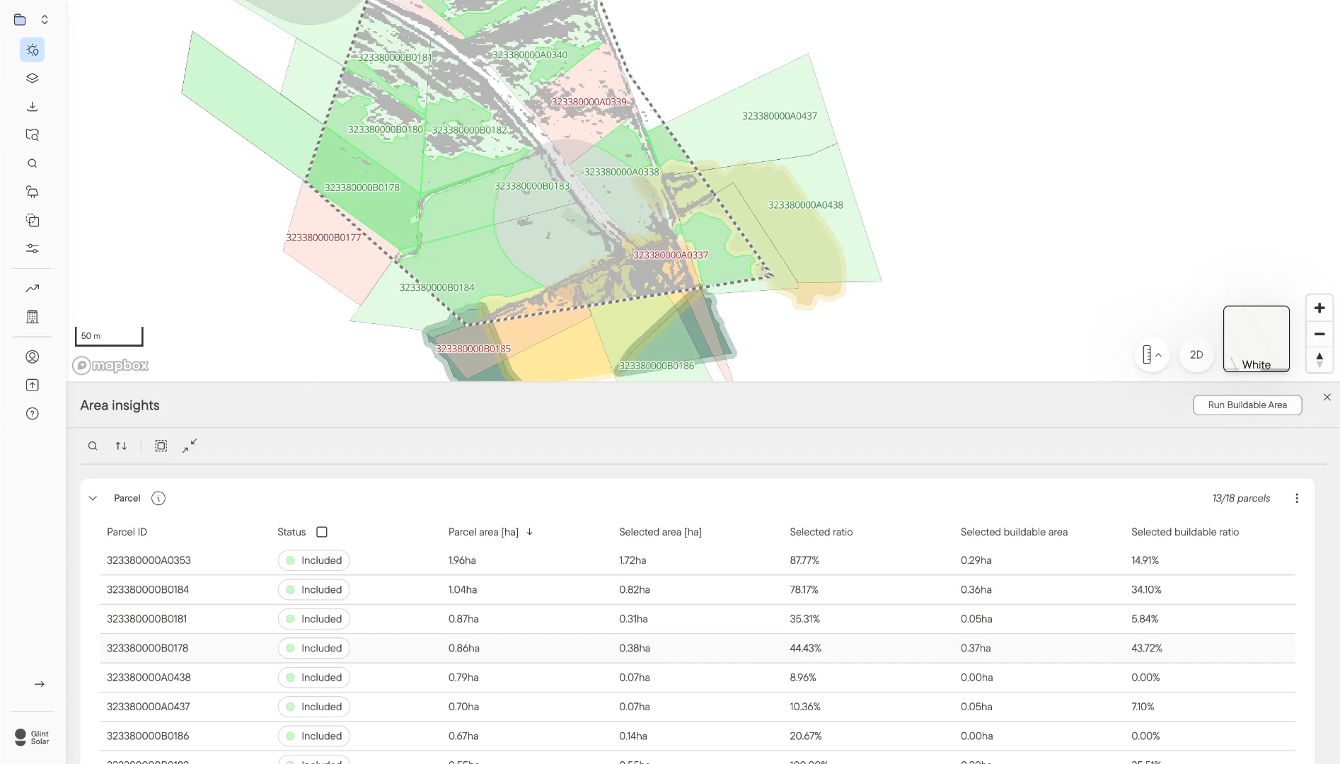 Area Insights report showing parcels, slope and forest constraints overlaid on one map