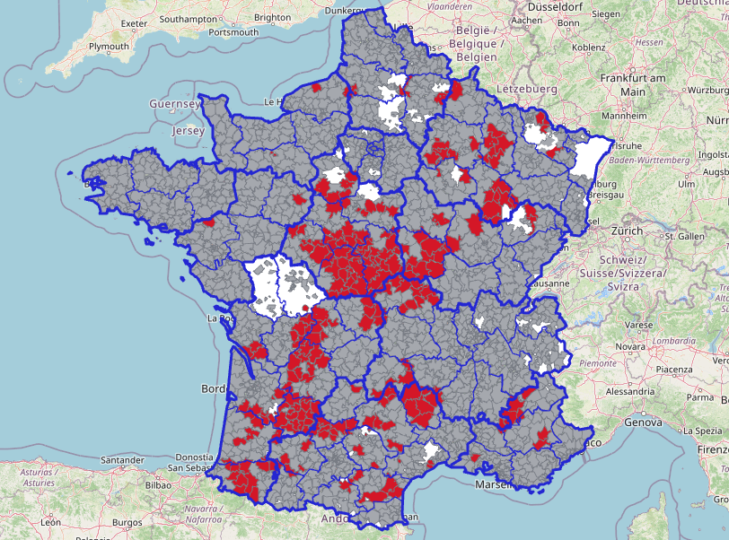 Carte d’Enedis des zones de contrainte pour les nouveaux raccordements de production HTA et BT en France métropolitaine, zones contraintes en rouge