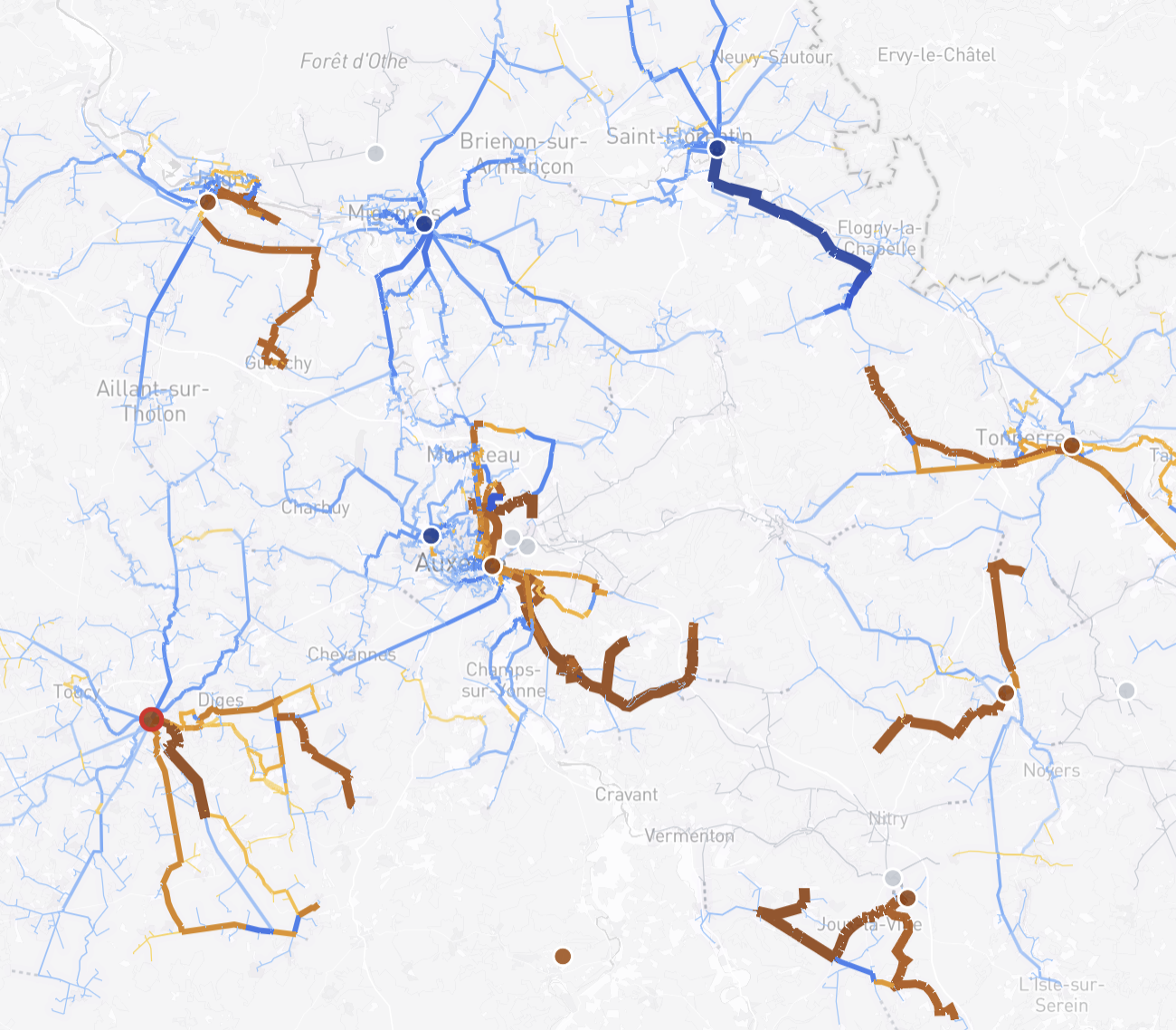Carte d’Enedis des zones de contrainte pour les nouveaux raccordements de production HTA et BT en France métropolitaine