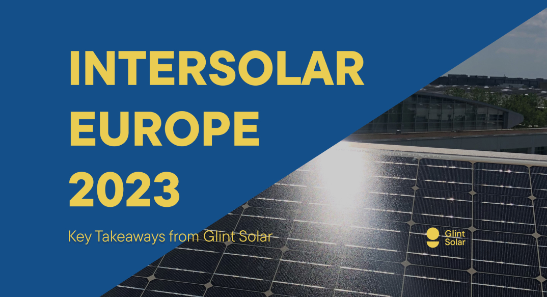 Promotional image for Intersolar Europe 2023 featuring a close-up of solar panels in the foreground and the Glint Solar logo and text overlay against a blue sky.