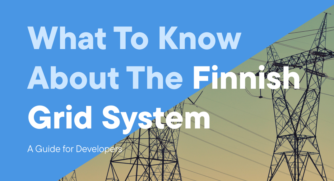 llustration depicting the Finnish grid system with interconnected power lines, substations, and renewable energy sources against a blue and white background.