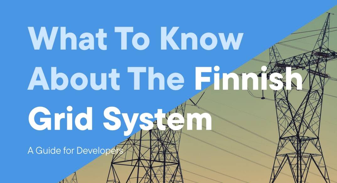 llustration depicting the Finnish grid system with interconnected power lines, substations, and renewable energy sources against a blue and white background.