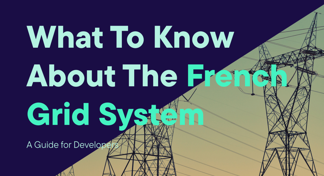 Informative banner with the title 'What To Know About The French Grid System - A Guide for Developers' over an image of high-voltage power lines against a dark blue background.