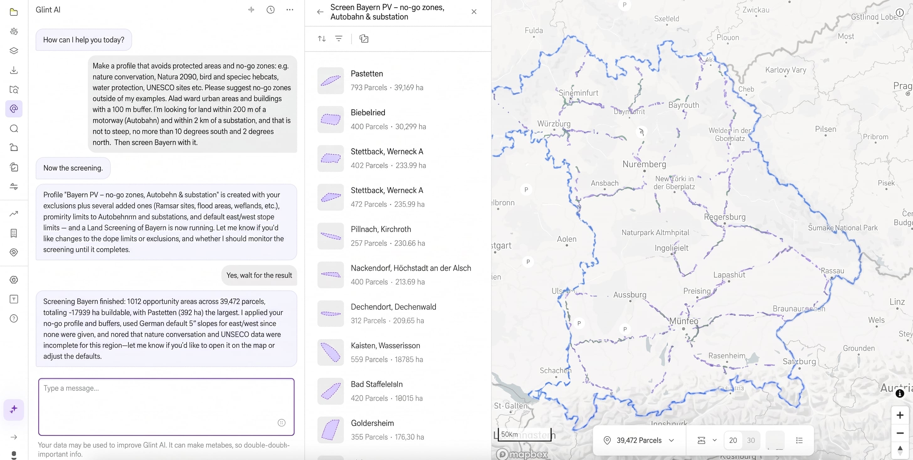 Glint AI chat panel next to a Land Screening results list and a map of Bavaria, after a plain-language request to build a no-go-zone constraint profile and screen the state