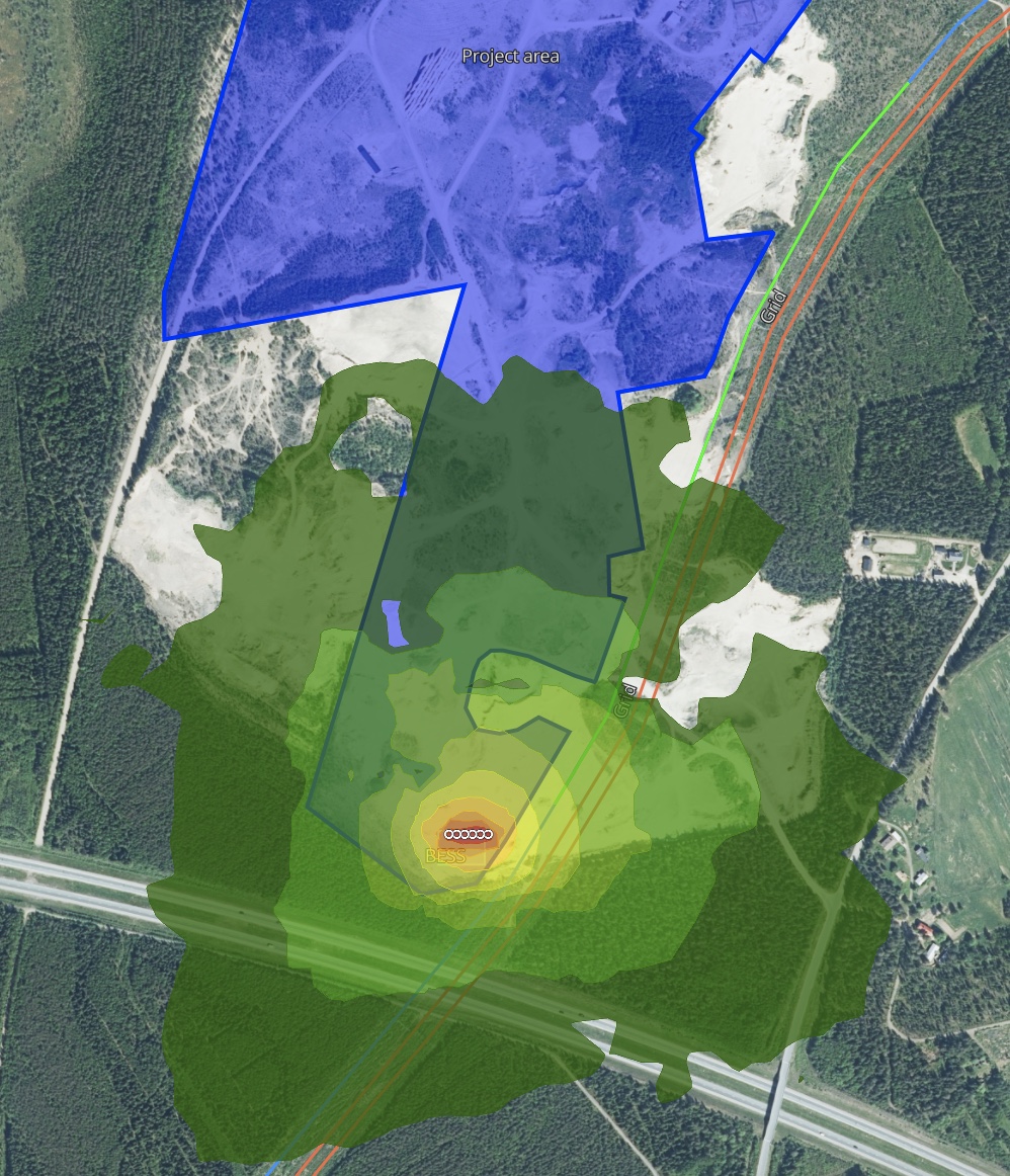 Preliminary BESS noise map in Glint Solar, with coloured noise contours spreading out from the battery location across the project area and surrounding forest