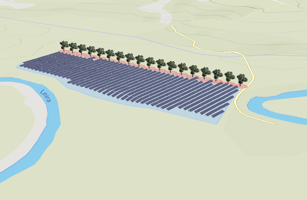 A row of oak trees along the edge of a solar site in Glint Solar