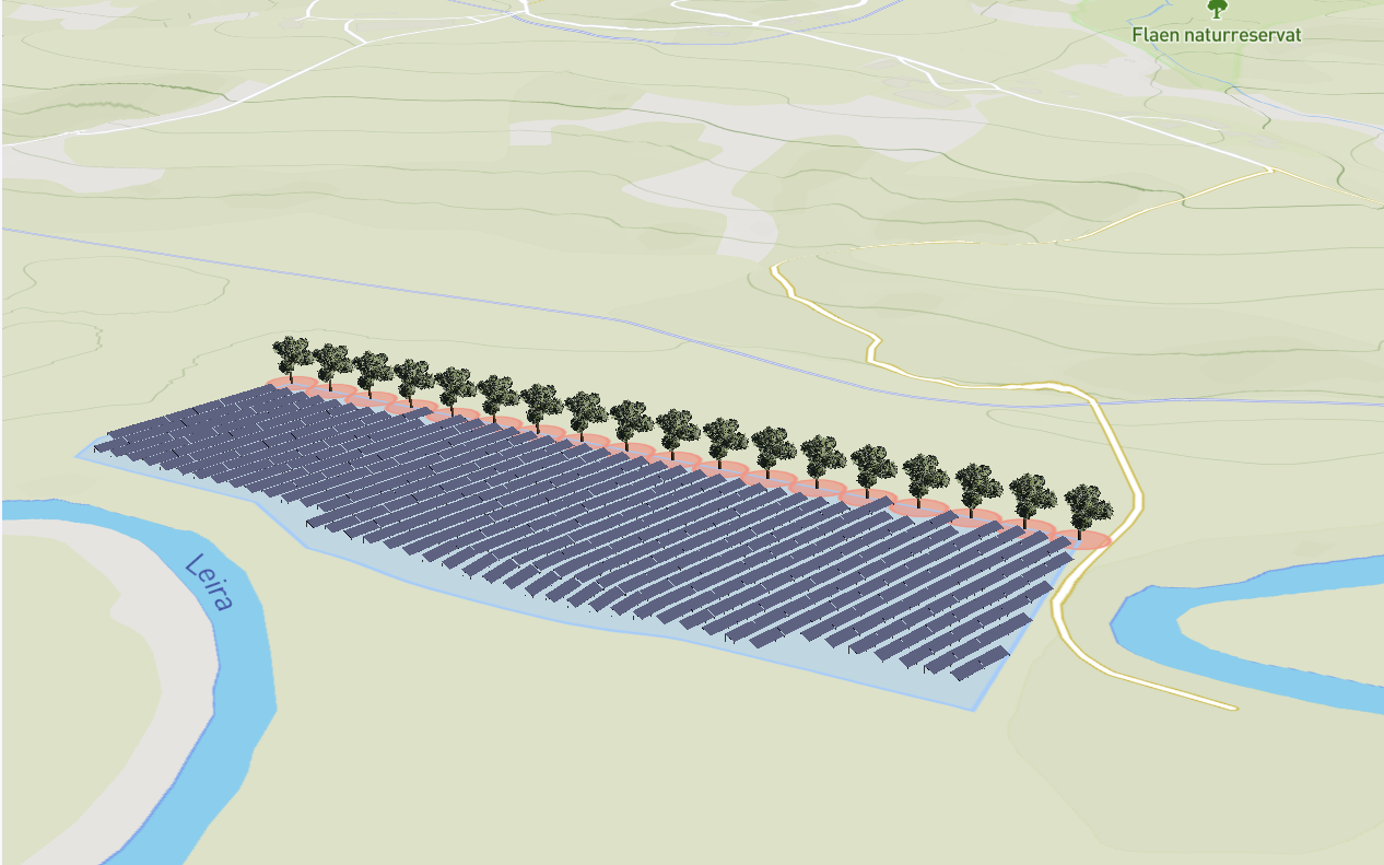 Oak trees placed along the site boundary in Glint Solar