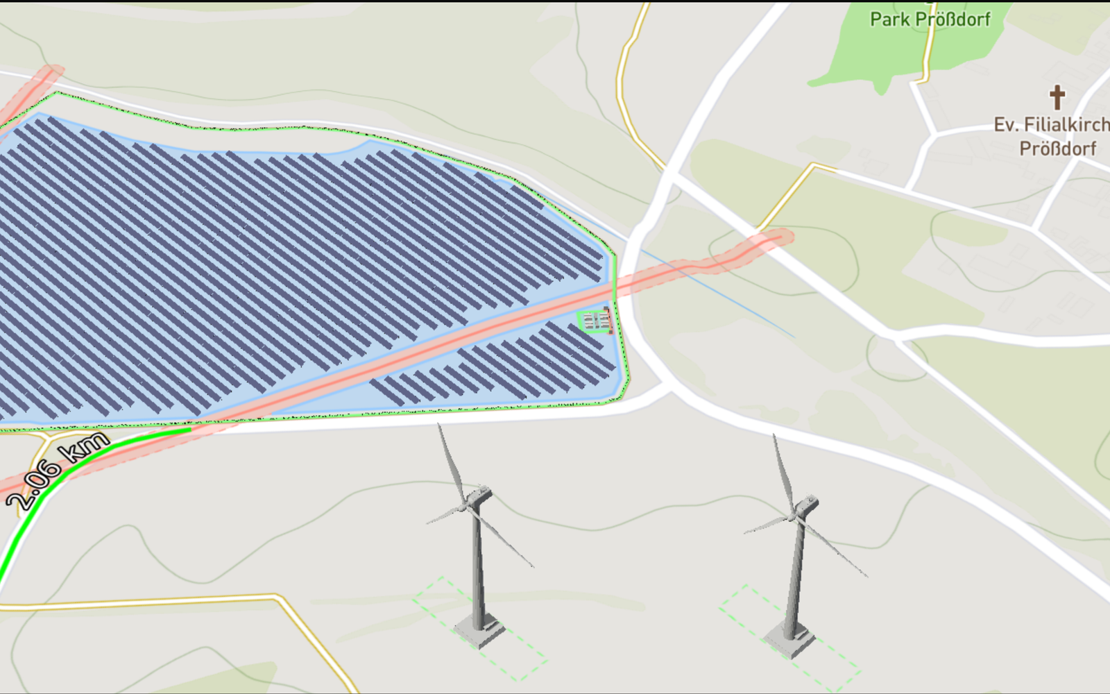 Two wind turbines placed next to a solar site in Glint Solar